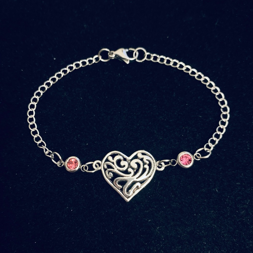 Heart Filigree chain bracelet with rhinestones/birthstone charms